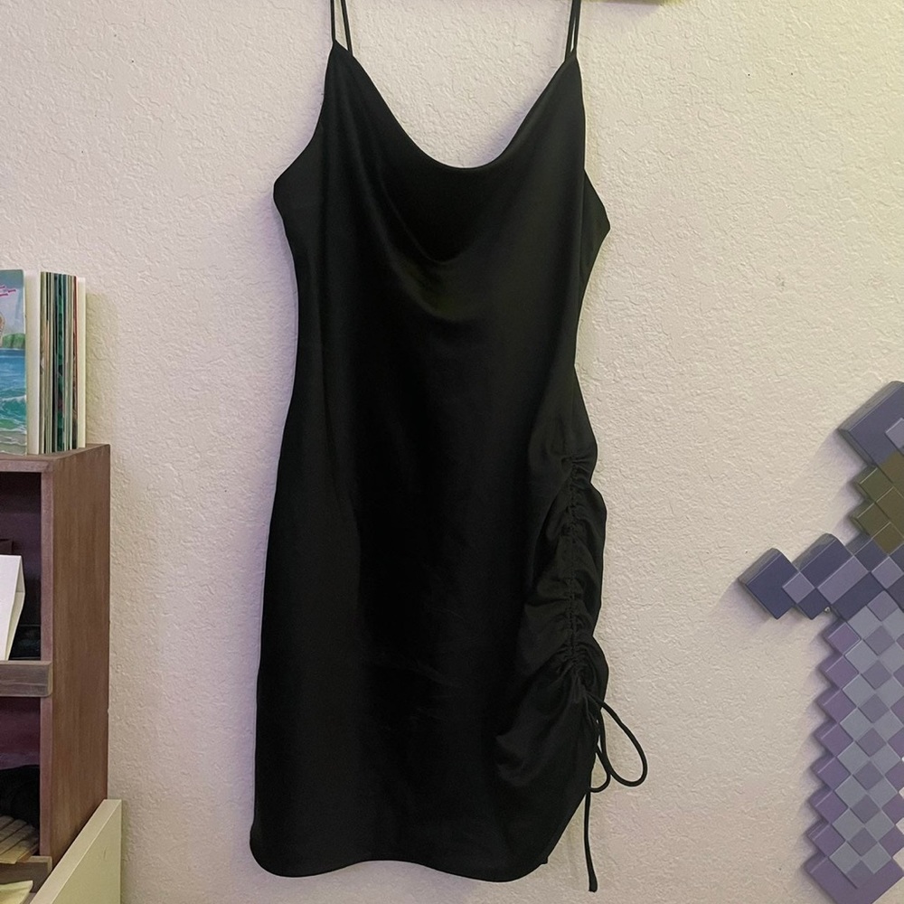 TOPSHOP black satin ruched slip dress